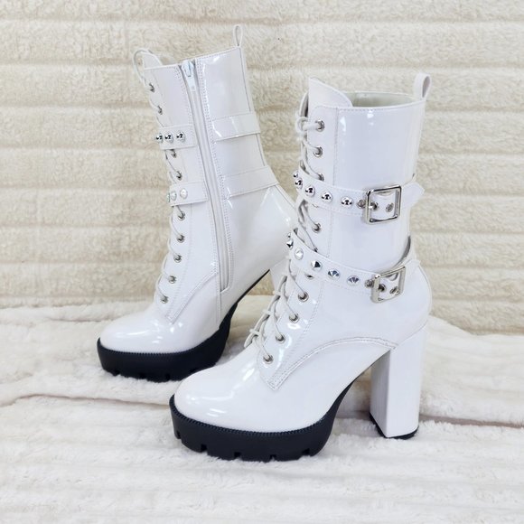 Bright White Patent Lug Sole Studded Strap Ankle Boots Temptress - Picture 8 of 12